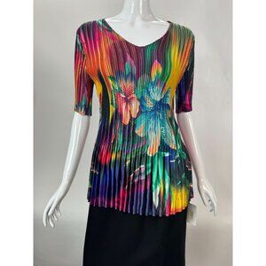 Vibrant Mini Pleats Top With V-Neck & Short Sleeves